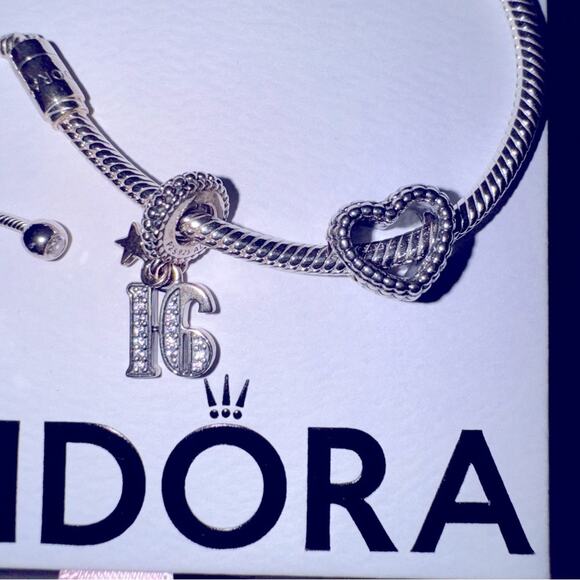 Brand New .925 Pandora Moments Snake Chain Slider Bracelet & 2 Charms Sweet 16 - Picture 3 of 8